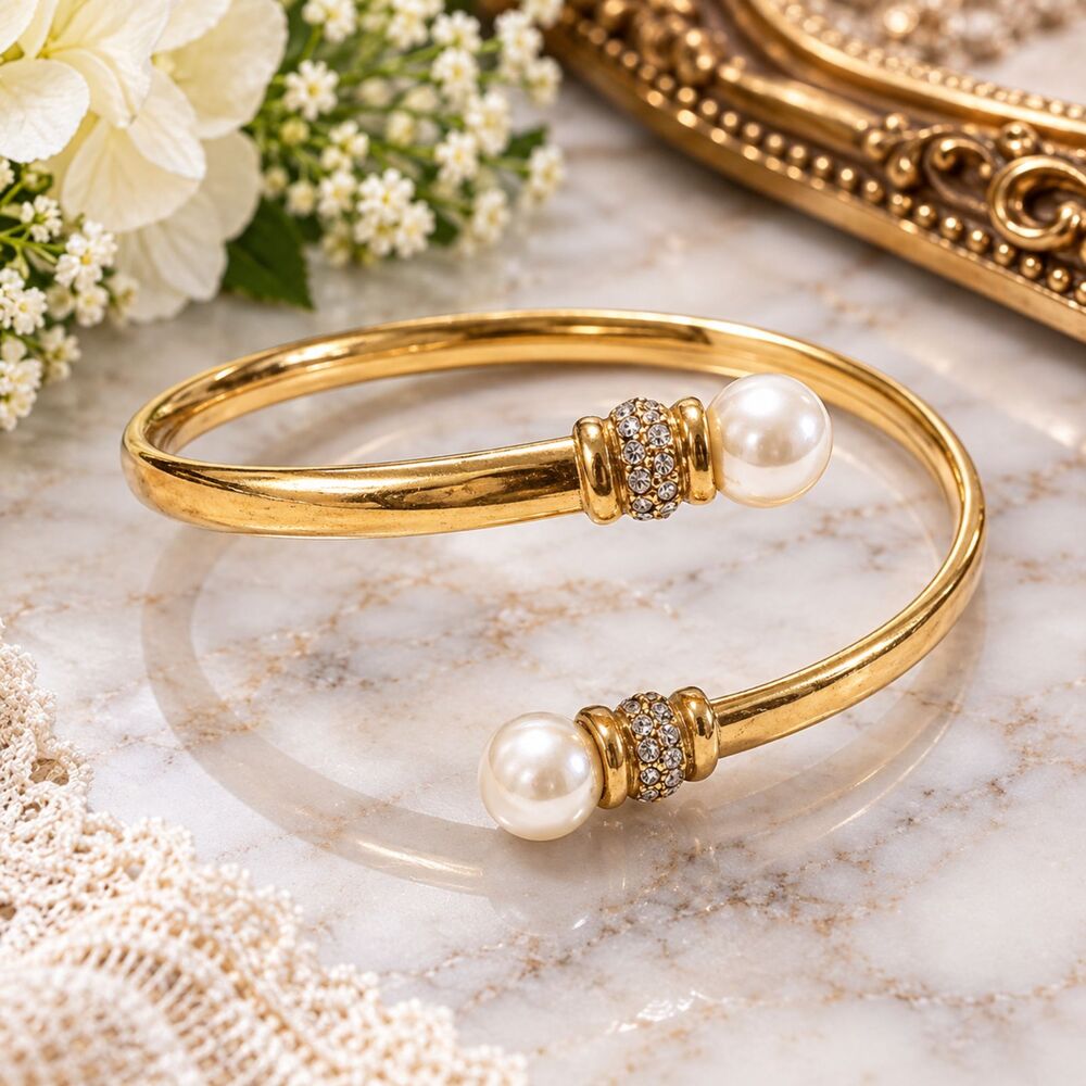 Gold Tone Faux Pearl Bypass Wrap Bracelet Rhinestone Accents Vintage
